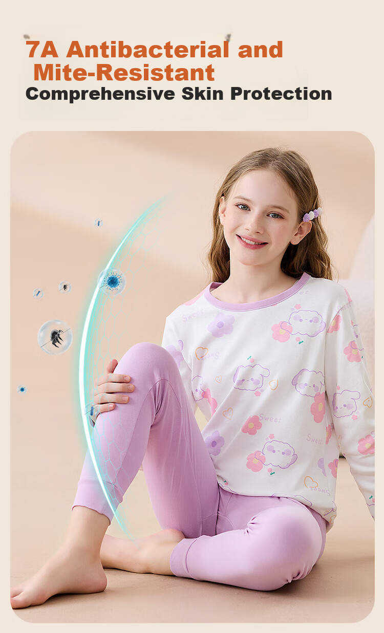 Hodo Children's Thermal Underwear Pure Cotton Girls Comfortable Soft Skin-friendly Antibacterial Mite-proof Long Sleeve Crew Neck Autumn Top and Bottom Set 9