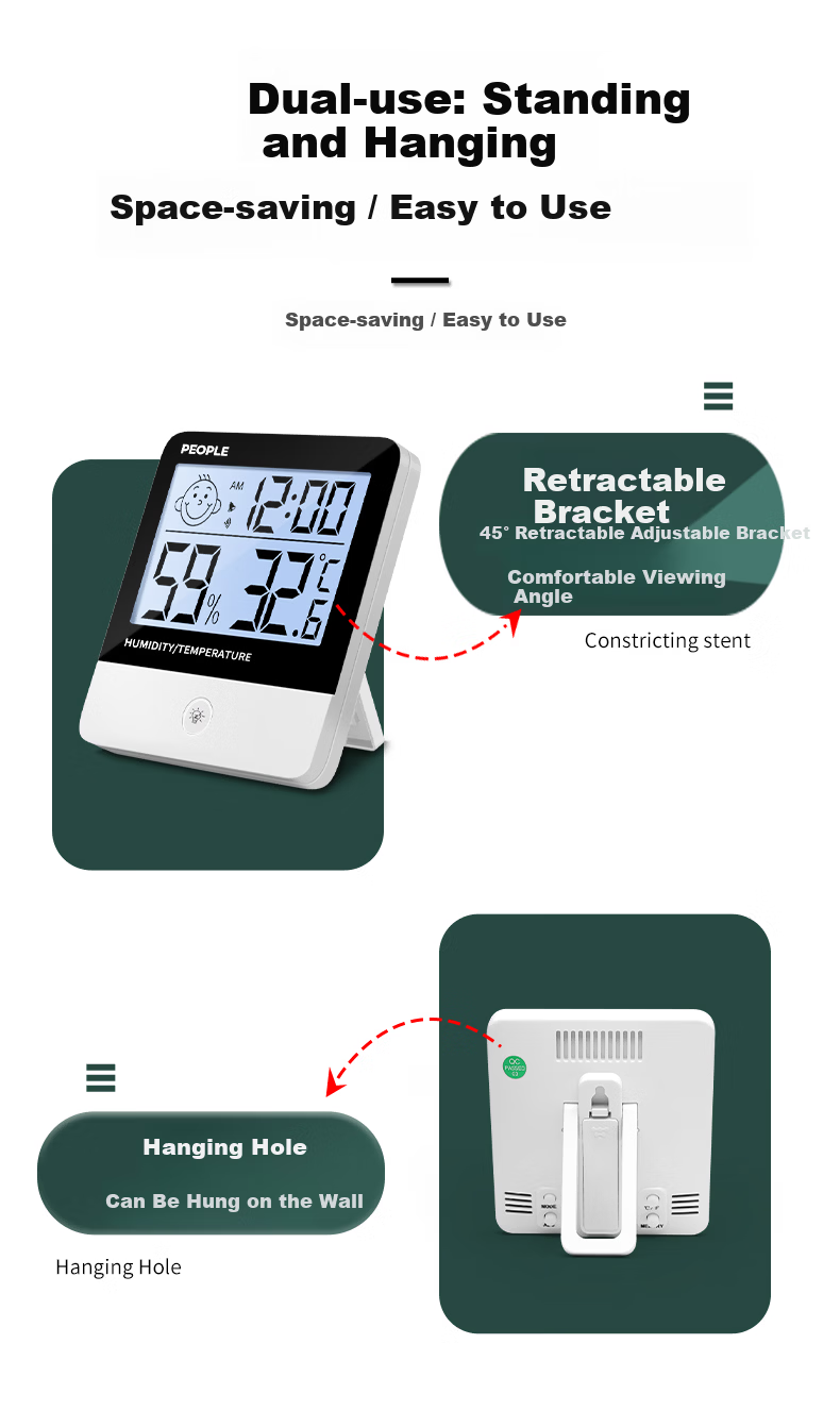 People Indoor Thermometer Electronic Temperature Meter Baby Room Wall-Mounted Greenhouse High-Precision Temperature and Humidity Meter Black Backlight 14