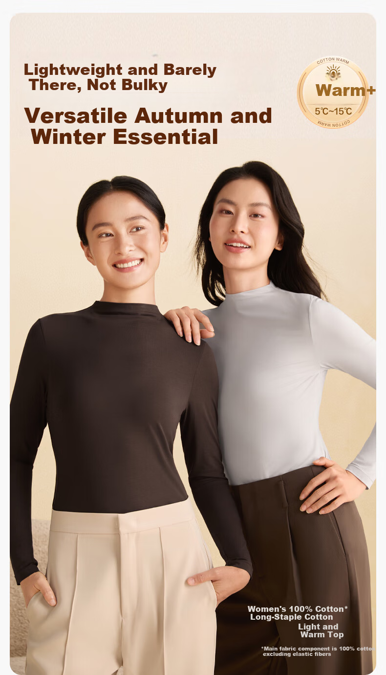 PurCotton Women's Long-Staple Cotton 7A Antibacterial Soft Bare-Skin Lightweight Warm Base Layer (Mall Same Style) 1