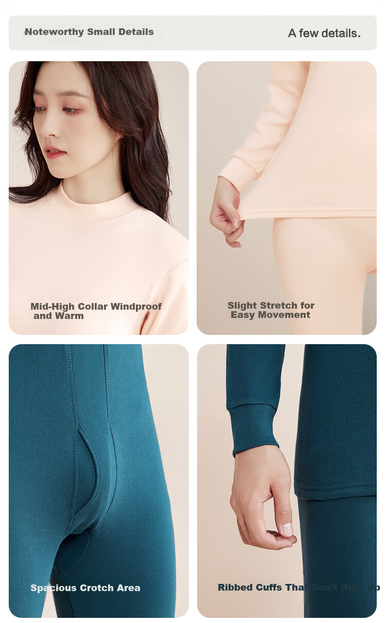 Hodo Home Women's Cotton Thermal Underwear Set Autumn Long Johns Mid-High Collar Basic Warm Base Layer Champagne Color Size 175 5