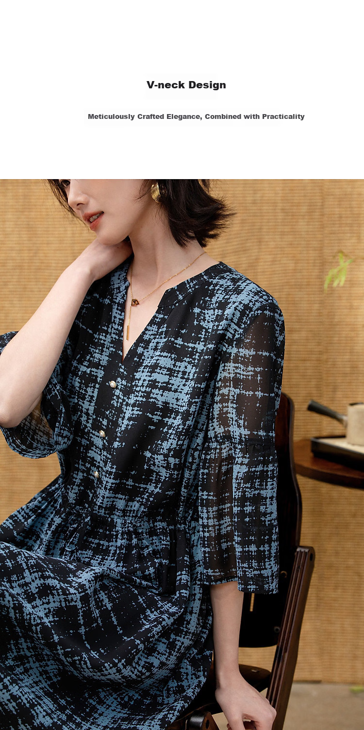 Demana Vintage Urban Spring Lightweight V-Neck Puff Sleeve Waist-Defined Slimming Chiffon Women's Dress 3