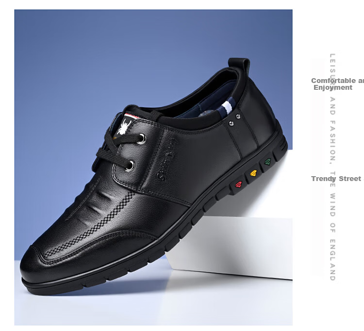 SPIDER KING Men's Korean Style Casual Leather Shoes, Trendy Fashion Lace-up Cowhide Soft Sole, Black, Size 37 13