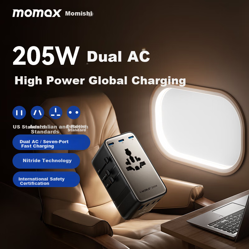 Momax 205W GaN Multi-Port Travel Adapter Global Universal Fast Charging Power Converter Socket UK EU US AU 6C1A for Laptop and Mobile Phone
