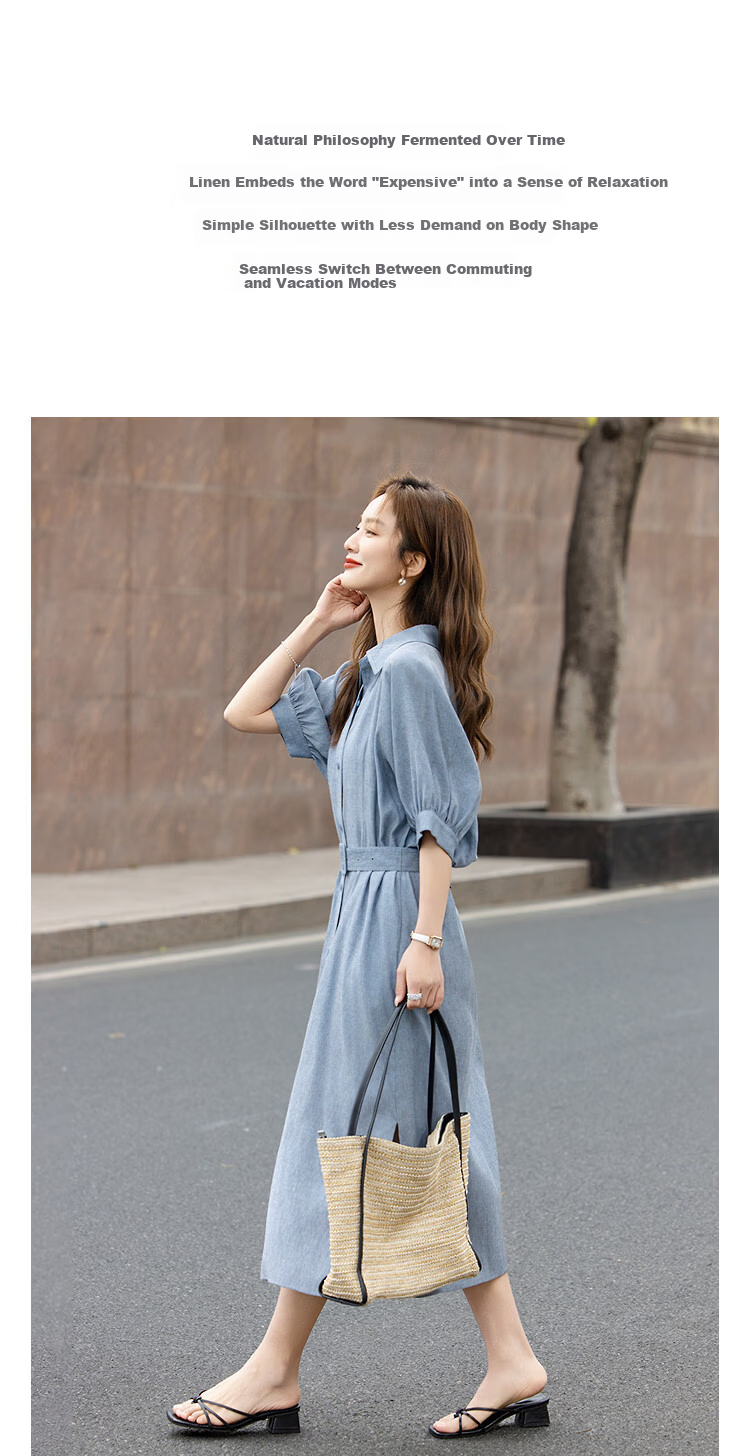 Demana [With Linen] Summer Simple Urban Lapel Mid-Sleeve Belted Loose Slimming Concealing Dress for Women High-End Feel 4