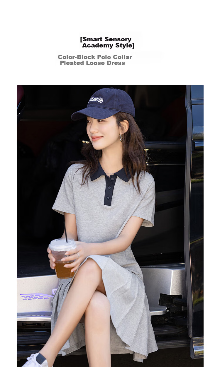 Demana Fresh Cloud Cotton Summer College Style Colorblock Polo Collar Pleated Loose Slim Fit Women's Dress 1