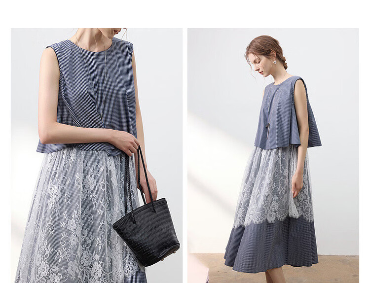 Demana [Cloud Oxygen Cotton Series] Summer Retro Plaid Lace Splice Sleeveless Flared Slim Fit Designer Women's Dress 8