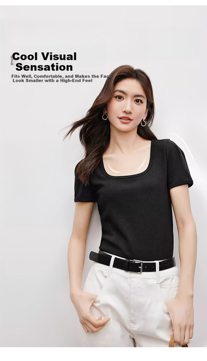 Woodpecker Women's Square Neck Short Sleeve T-Shirt 2025 New Spring Summer Casual Slim Fit Solid Color High-End Top White S 2