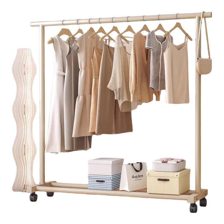 Miaomei Clothes Drying Rack, Floor-Standing Clothes Hanger, Balcony Drying Pole, Bedroom Household Dormitory Hanging Rack, Wheeled Model, 1.5 Meters, Cream White