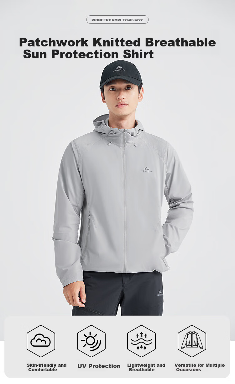 Pioneer Camp Zhuque Sun Protection Jacket for Men, Summer Outdoor Lightweight Sun Protection Clothing, Loose-Fitting Hooded Coat for Men, UV-Resistant Skin Coat 1