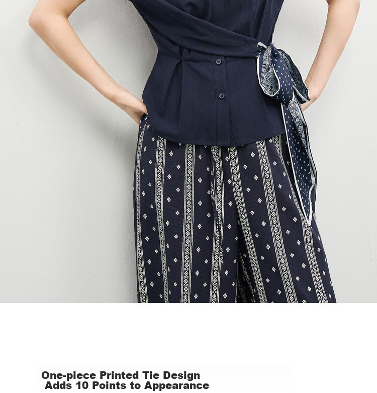 Shangdu Bila Linen Tencel Commuter Shirt Women Spring Summer Printed Tie Pleated Waist Slimming Blouse Turn-down Collar Top 8