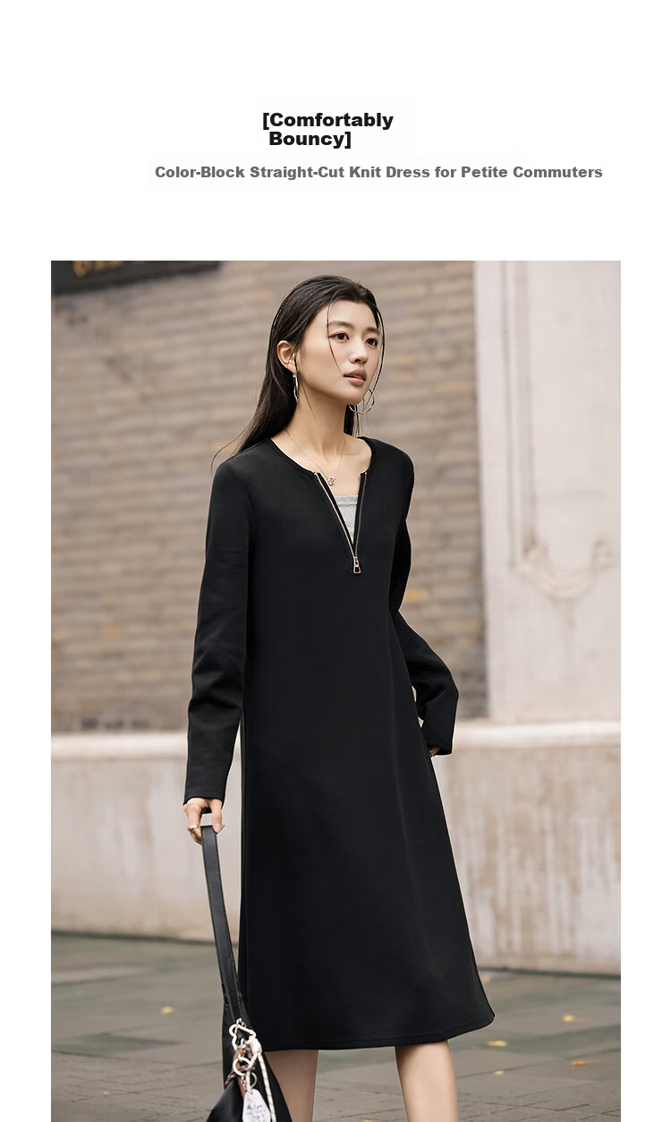 Demana [Comfort Elastic Air Layer] Spring Urban Commuter Colorblock Straight Small Size Long Sleeve Women's Knit Dress 2