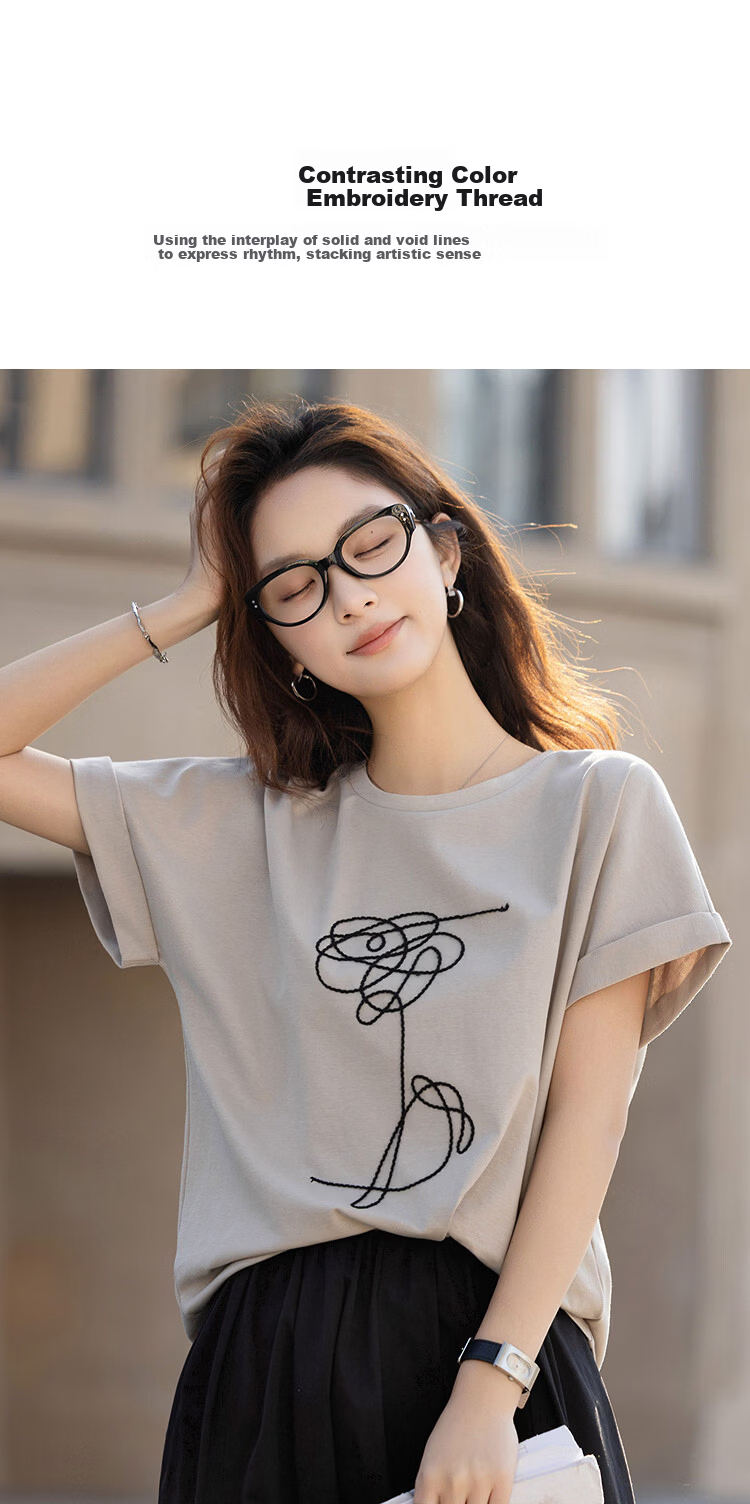 Demana [Cloud Soft Cotton Blend] Spring Urban Simple Crew Neck Color-Block Embroidered Short Loose Fit Women's T-Shirt 4