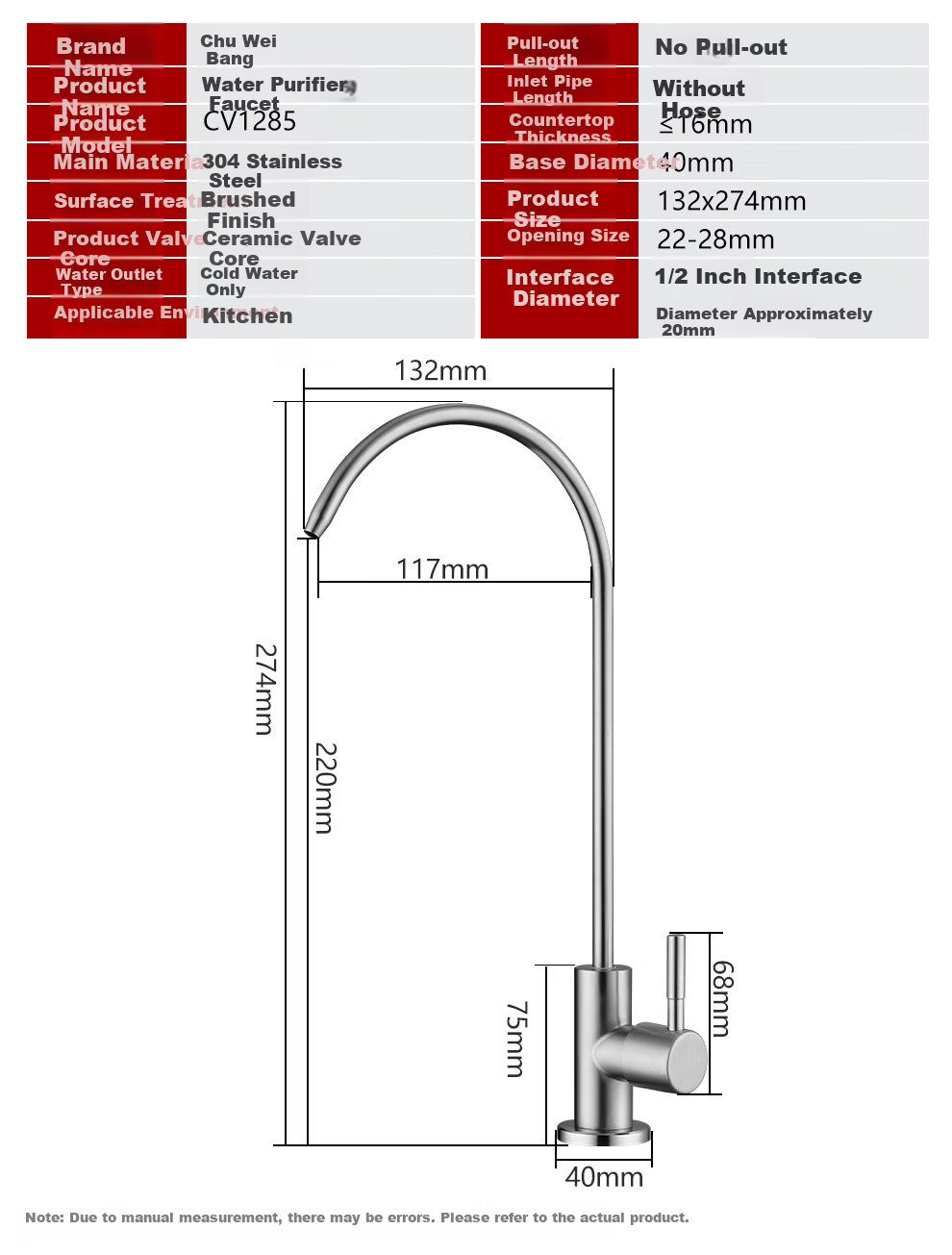 CVBAB Direct Drinking Kitchen Faucet Single Cold Tap 304 Stainless Steel Purifier Faucet 1/4" and 1/2" Connector CV1285 2