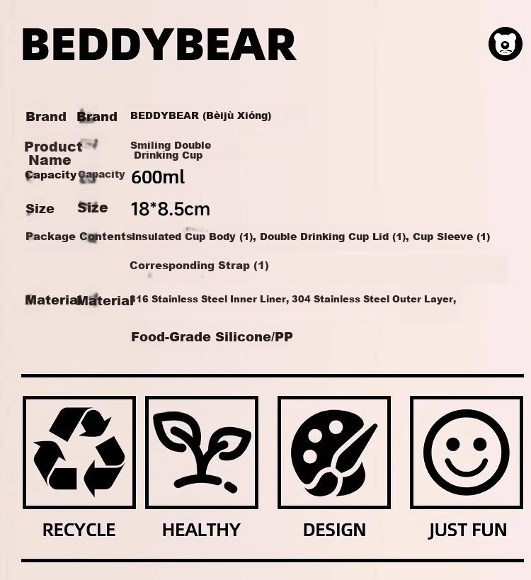 BEDDYBEAR Open Mouth Smile Dual Lid Kids Thermos Bottle with Straw 316 Stainless Steel Large Capacity Insulated Flask 600ML Kuromi 8