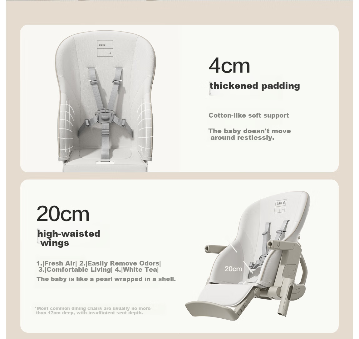 BEIE Baby High Chair Toddler Dining Chair Kids Growth Chair Children's Seat Rocking Chair White Shell + Cloud Cushion 13