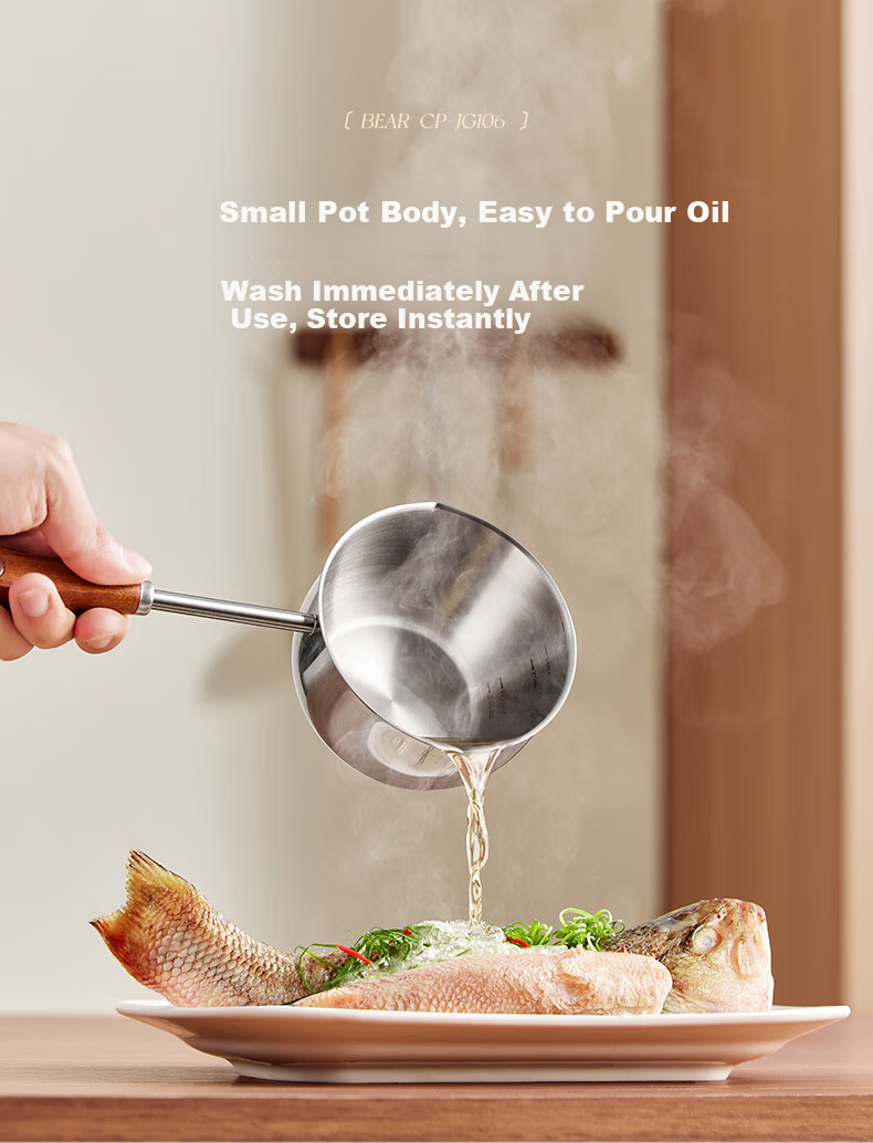 Bear Oil Pouring Pot 304 Stainless Steel Hot Oil Small Pot Household Wooden Handle Anti-Scald No Coating Oil Drizzling Pot 300ml 1