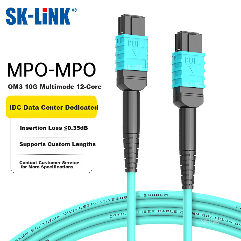 SK-LINK MPO-MPO Fiber Optic Patch Cord 12-Core OM3 10G Multimode B-Polarity Compatible MTP Female 40G/100G Fiber Cable 3m SK-TX12OM3-MPOMPO-3m