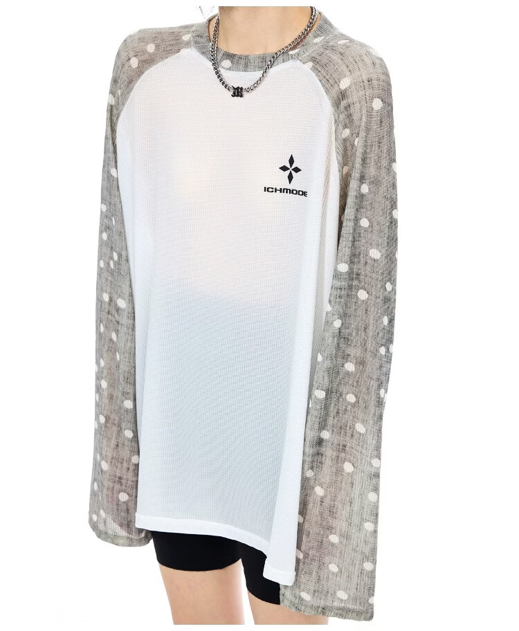 ICH MODE Polka Dot Raglan Sleeve Color Block Long Sleeve T-Shirt Physical Sun Protection Sheer Breathable Summer Top for Women Pink XL 13
