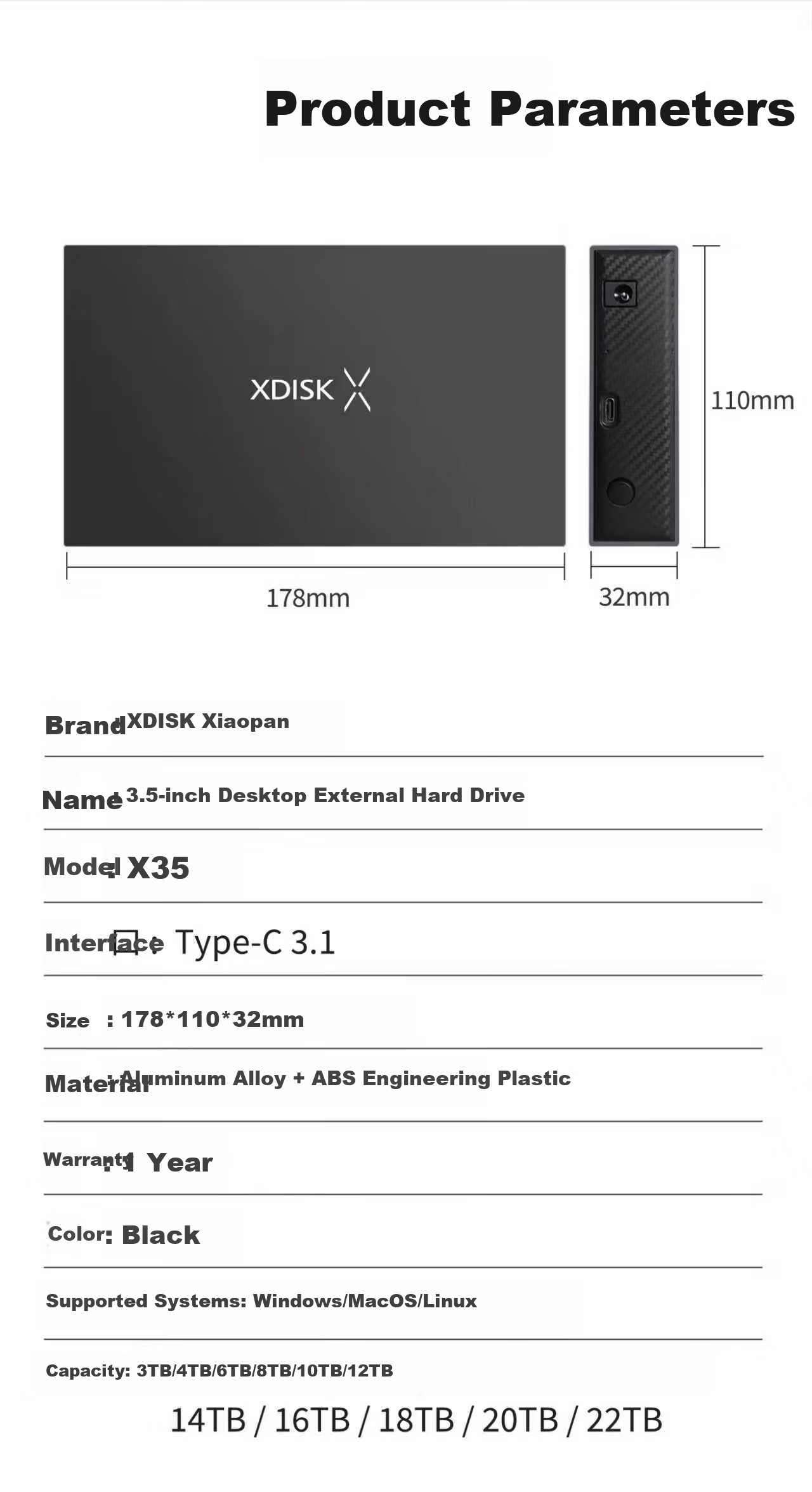 XDISK 6TB Portable Hard Drive USB 3.1 Desktop Hard Drive Type-C External Computer TV Gaming Metal 3.5-Inch Hard Drive Home Data Storage 6