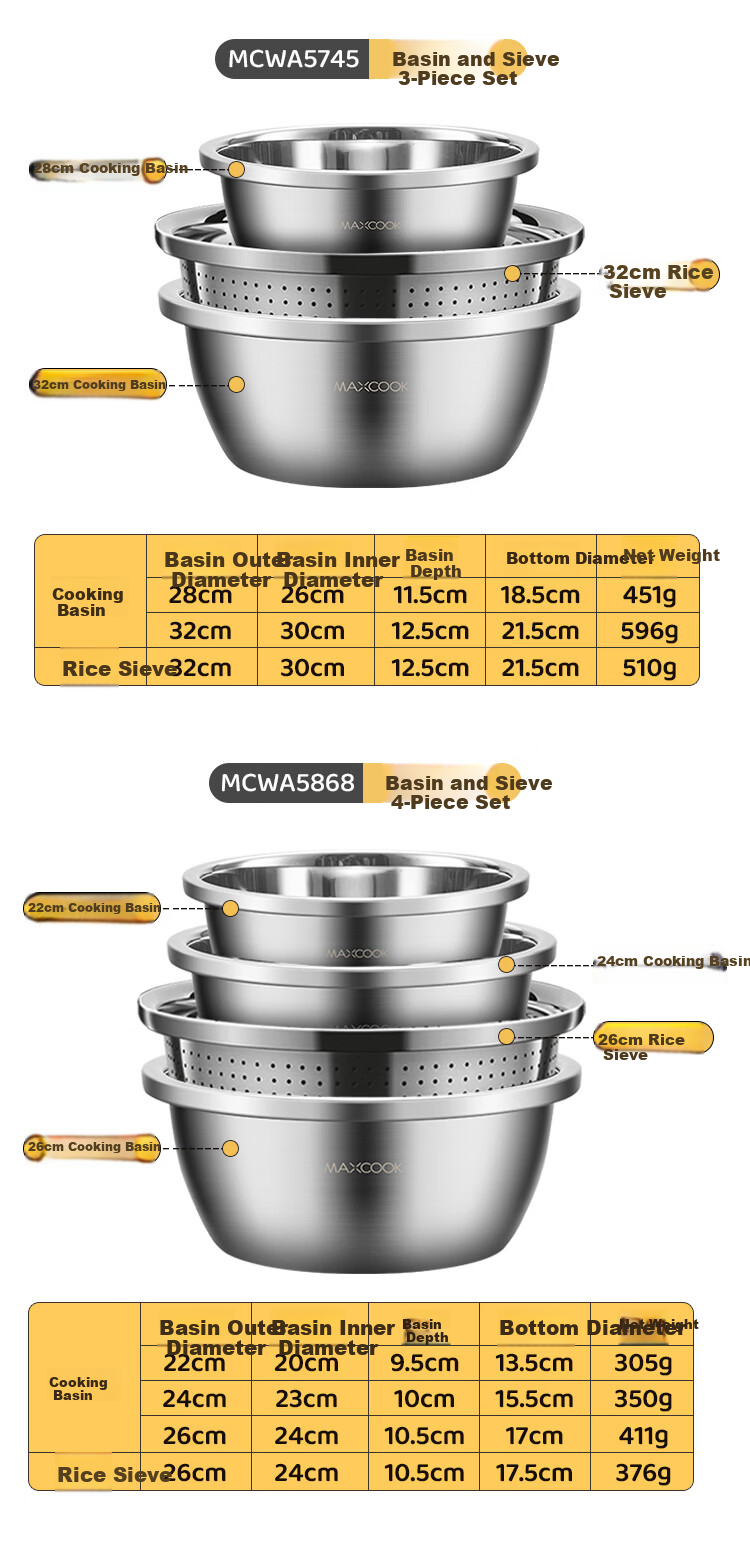MAXCOOK 316L Stainless Steel Bowl and Sieve 3-Piece Set Thickened Seasoning Bowl, Vegetable Washing Bowl, Dough Mixing Bowl, Rice Sieve MCWA5653 12