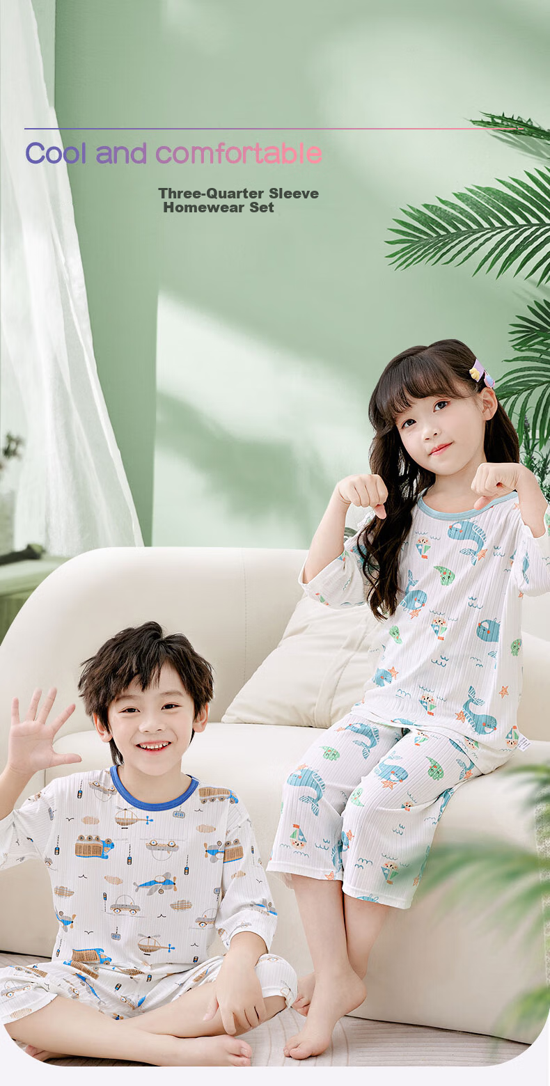 Langsha Children's Pajamas Boys Girls Summer Thin Baby Homewear Set Big Kids 3/4 Sleeve Air Conditioning Clothes 140 1