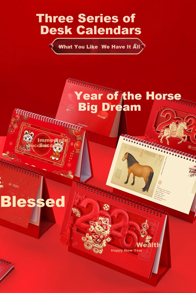 Muulee 2026 Custom Large Chinese Red Festive Triangle Desk Calendar Corporate Gift Business Desktop Calendar Year of the Horse New Monthly Calendar 3