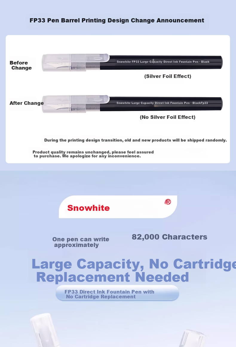 Snowhite Direct Ink Fountain Pen Student Special Grade 3 Handwriting Practice No Cartridge Replacement EF Nib Quick Dry Non-Bleed FP33 Erasable Blue 20pcs 1