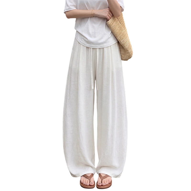 Free Style Linen Wide-Leg Pants for Women Summer Thin 2026 New High Waist Slim Loose Draped Ice Silk Casual Curved Balloon Pants