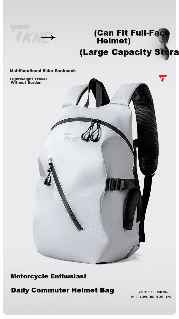 TKNE Helmet Bag Motorcycle Riding Backpack Large Capacity Rider Bag Gray and White [Fits 90% Helmets] 2