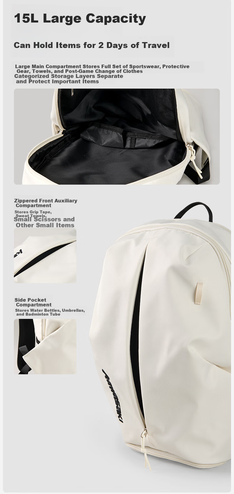 KAWASAKI Badminton Bag Boundless Retro Backpack with Separate Shoe Compartment Large Capacity Waterproof Sports Backpack D8277 Apricot 7