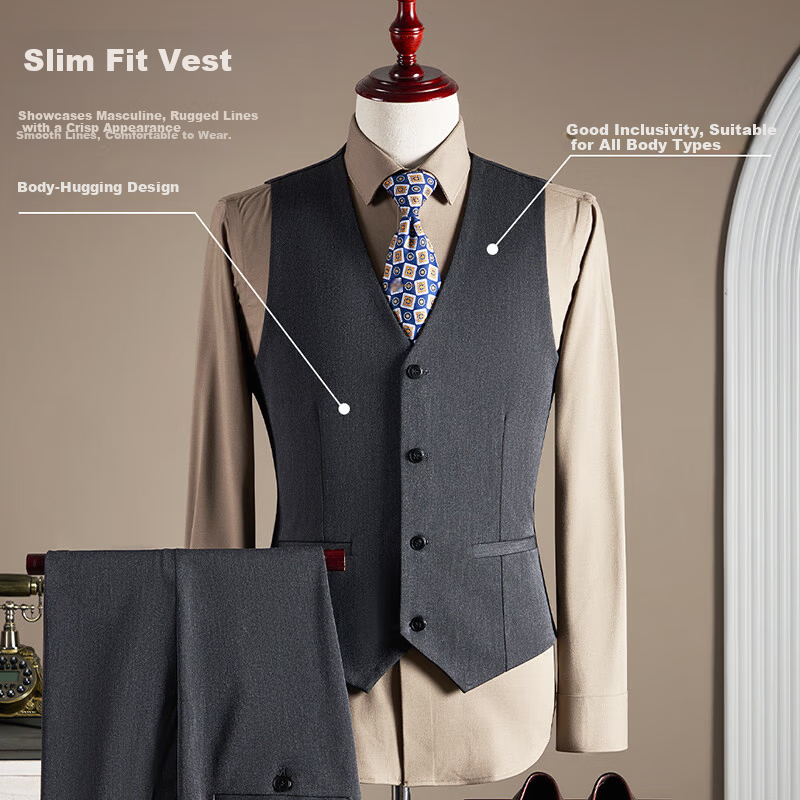 ROMON Men's Wool Suit Set Business Wedding Formalwear Brown Coffee M (Blazer + Vest + Trousers)