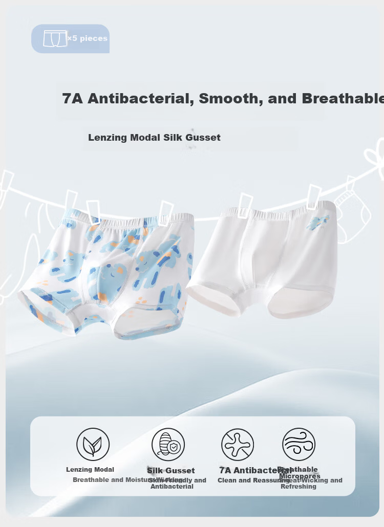 Ying's 7A Antibacterial Lenzing Modal Children's Underwear Mulberry Silk Crotch Boxer Briefs Unisex Kids Underwear 5-Pack 2