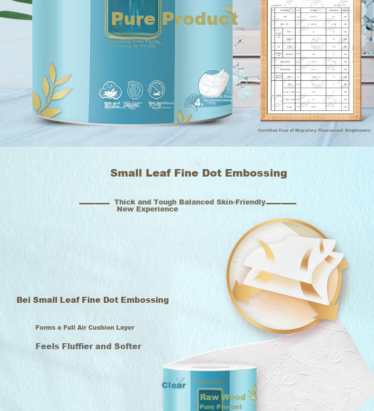 Qingfeng Core Roll Tissue Original Wood Pure 4-Ply 140g*24 Rolls Embossed Small Roll Paper 6