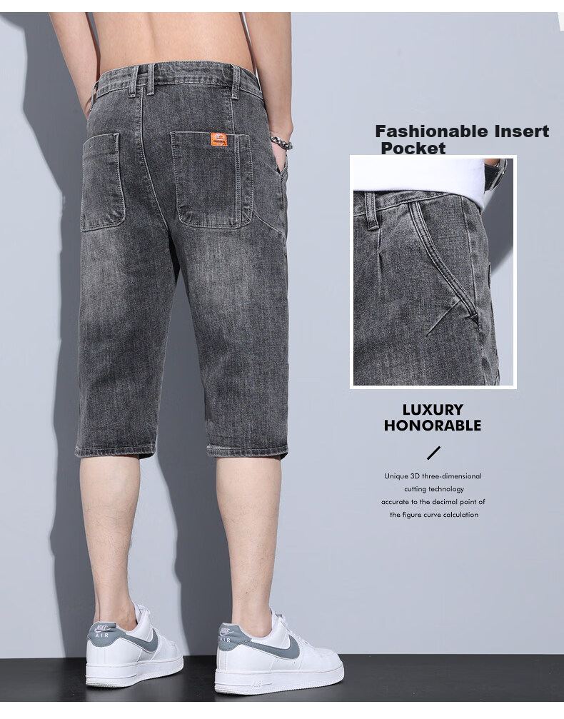 Playboy Men's Denim Shorts Summer Lightweight Loose Straight Casual Fashion Stretch Men's Capri Pants 8