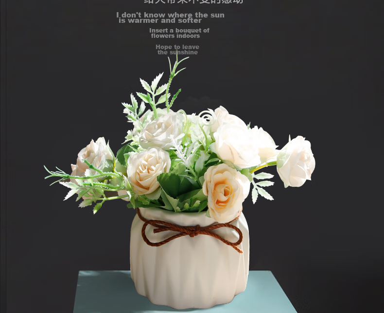 Shengshitaibao Artificial Flower Bouquet, Silk Flowers, Decorative Flowers, Ceramic Small Vase, Floral Arrangement, Living Room Decoration Ornament, White Rose 3