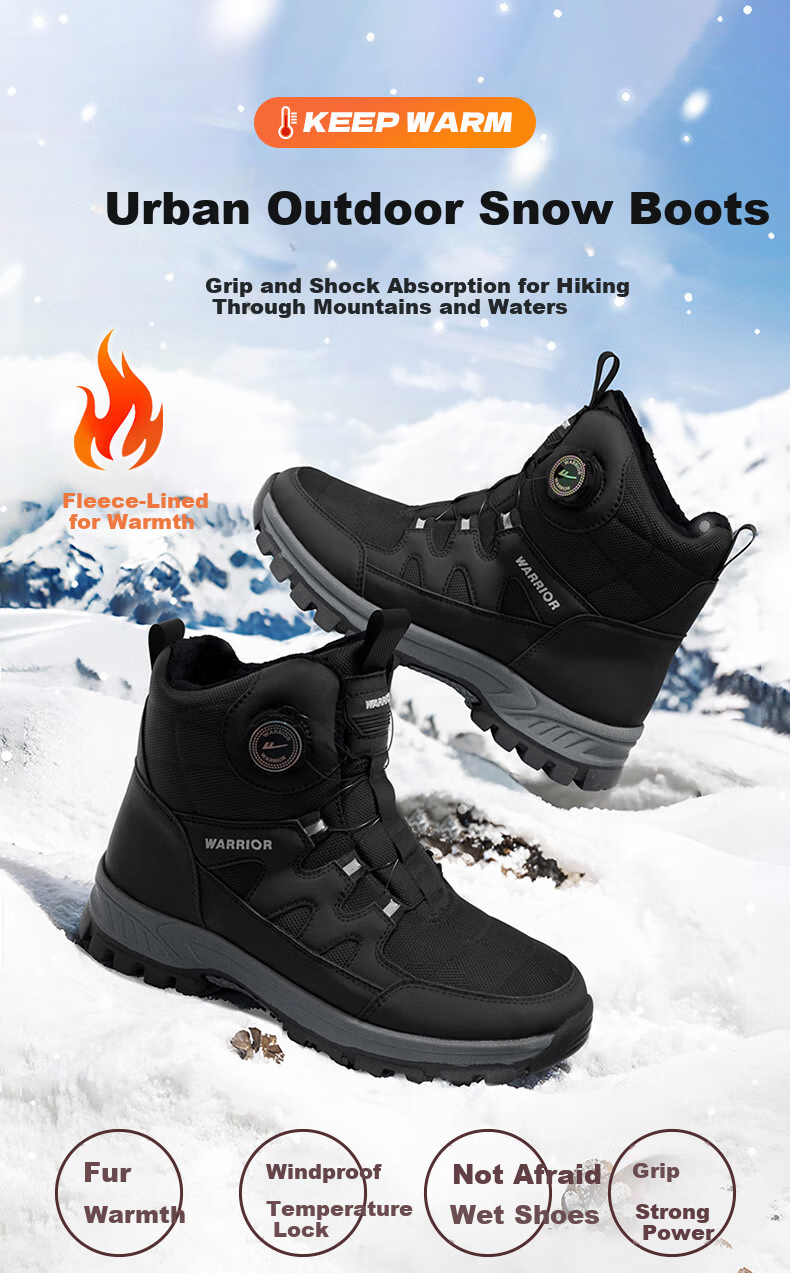 Warrior Men's Snow Boots Warm Hiking Fleece Thickened Large Size High-top Northeast Cotton Shoes 1902 Black 39 1