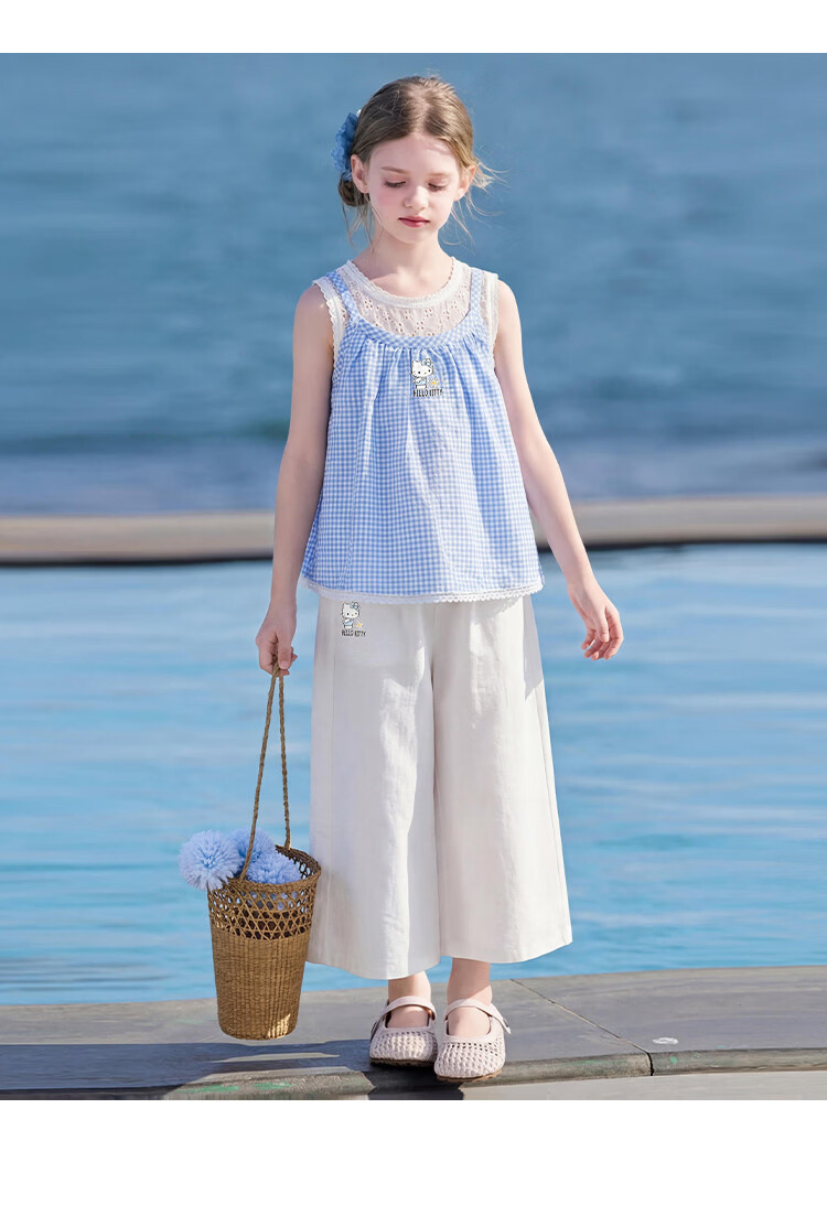 Hello Kitty Girls Summer Salt Style Fresh Plaid Cartoon Set 2026 New Loose Sleeveless Outfit for Older Kids 11