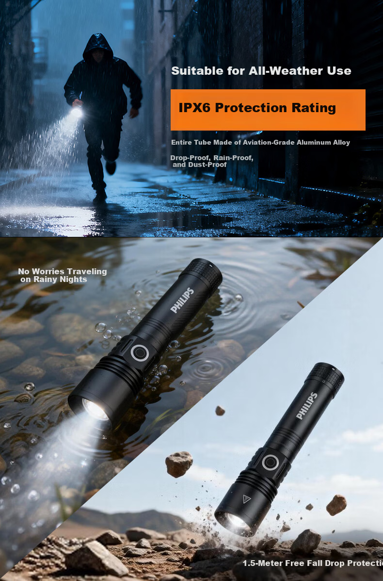 PHILIPS Portable High-Power Flashlight Military-Grade Long Battery Life 200000 Lumens Home Emergency Rechargeable Patrol Outdoor 3151 12