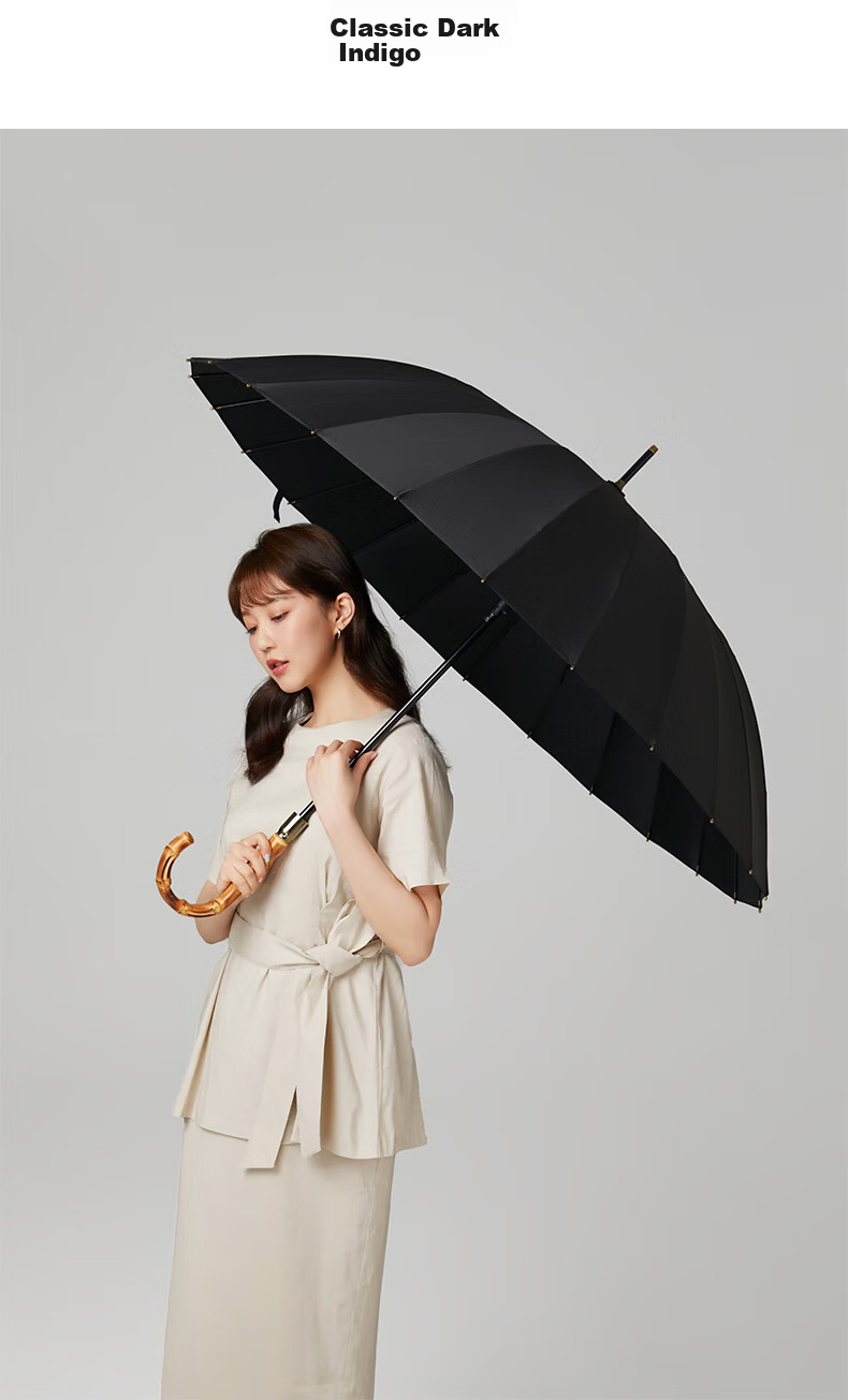 Obsu Japan 24-Rib Bamboo Joint Heavy Rain Umbrella Sturdy Long Handle Simple Design Black 10