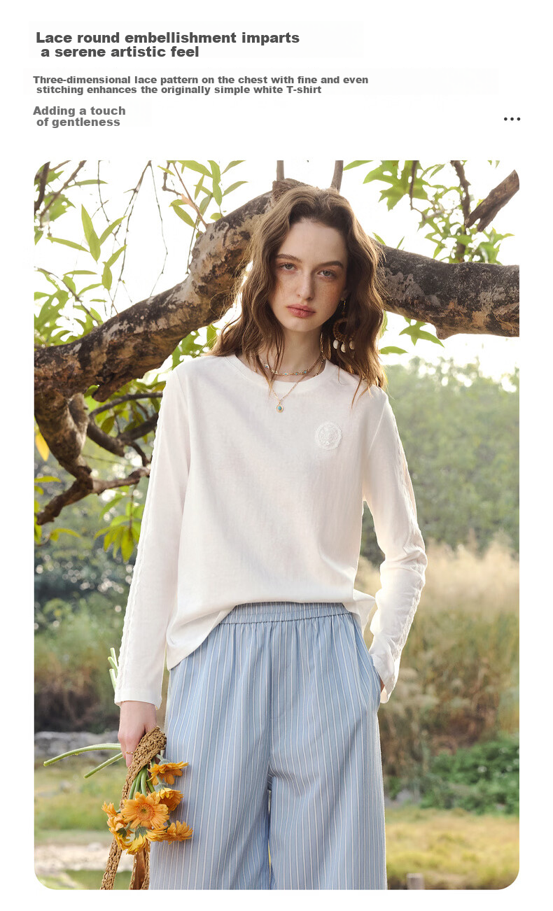 Olrain French Lace Splice Snowflake Cotton Long Sleeve T-Shirt Women Spring New Commuter Casual Top Off-White M 9