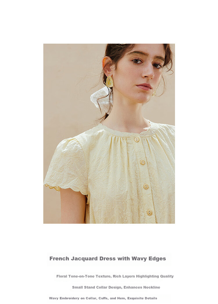 INMAN INMAN Floral Pattern Waist-Cinching Lace Dress, Summer 2026 New Style, Wavy Lace Trim Short-Sleeve Dress, Goose Yellow, Size L 3