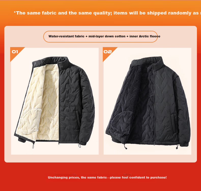 Jeanswest Men's Winter Cotton Padded Jacket Fleece Lined Thickened Water-Repellent Windproof Stand Collar Warm Coat 1