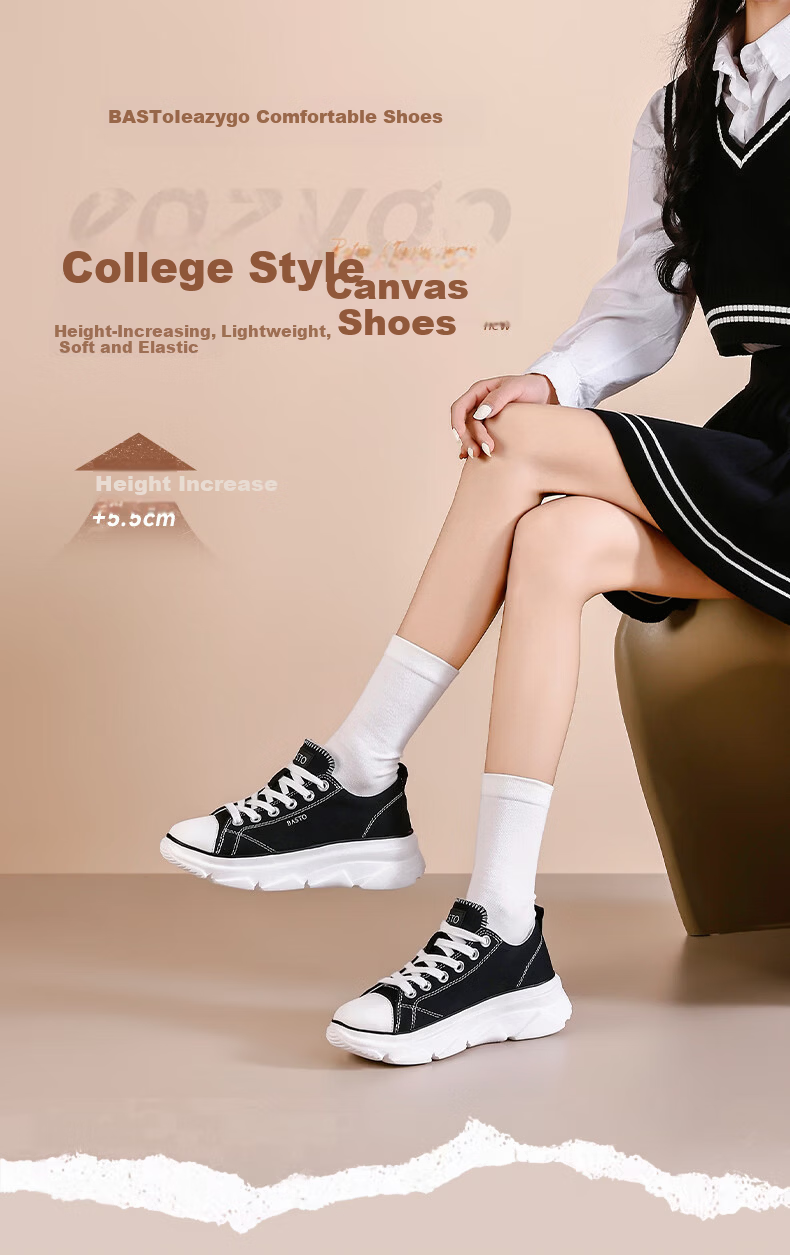 Basto Women's New Height-Increasing Canvas Shoes Breathable Lightweight Casual Sneakers S1193AM6 Black Size 38 1