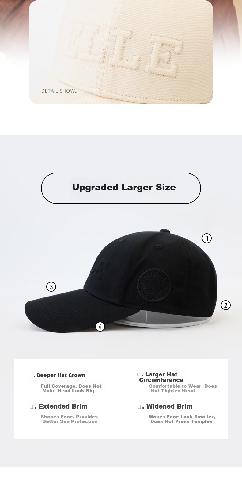 ELLE Baseball Cap for Women, All-Season Sun Protection Hat, Large Circumference High Crown Visibly Small Brim Cap for Men, Gift 8