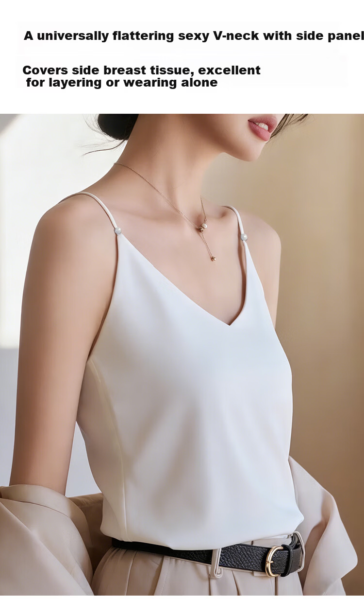 Audifine French Style V-Neck Pearl Strap Satin Loose Fit Sleeveless Tank Top Black XL 9