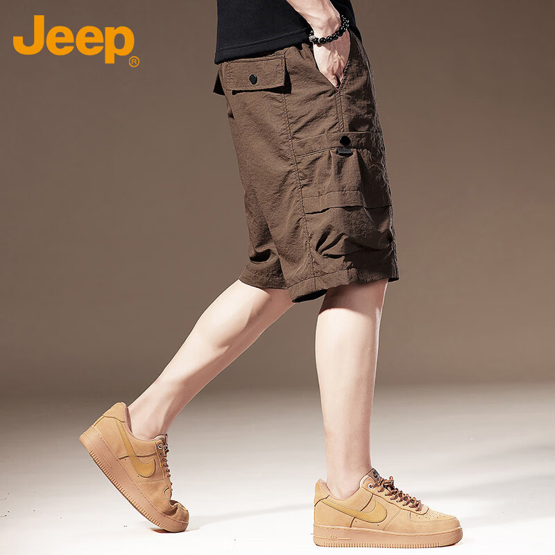 JEEP Men's Summer Ice Silk Cargo Casual Shorts Loose Fit Outdoor Five-Point Pants Camel 2XL