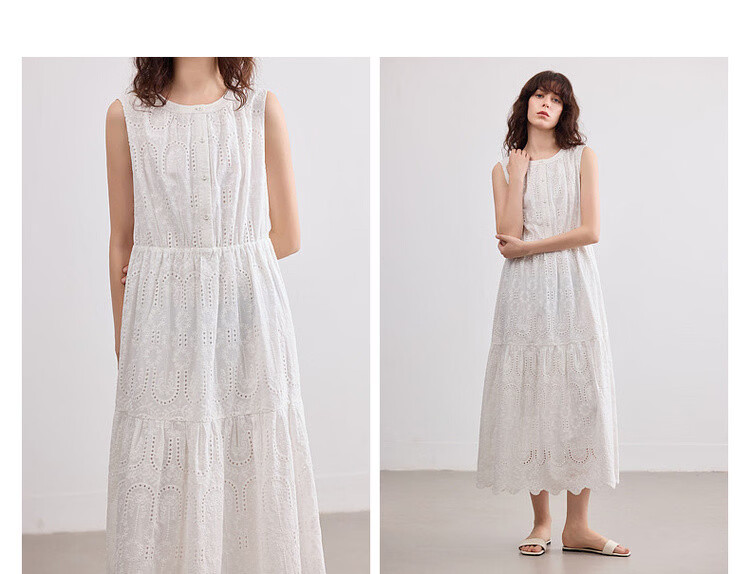Demana [Cloud Breath Pure Cotton] Summer Artistic Fresh Heavy Embroidery Sleeveless Waist-Cinched A-Line Mid-Length Dress for Women 5