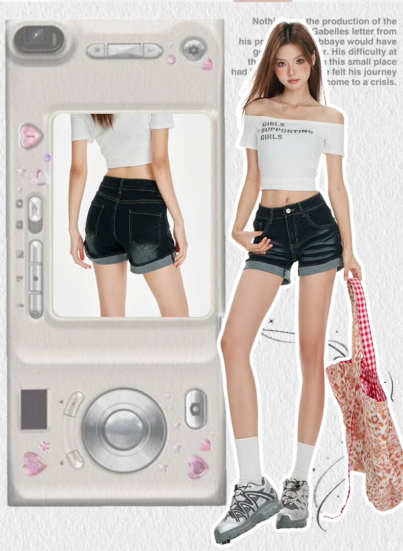 Jeanswest Women's Denim Shorts 2026 Vintage Washed American Style Loose Low Waist Rolled Hem Hot Pants Black M 2