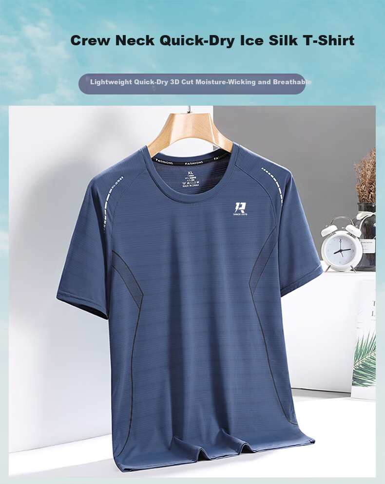 ROMON Men's Short Sleeve T-Shirt Summer Ice Silk Casual Thin Ice Feeling Quick-Dry Crew Neck Base Shirt ZH8906 Gray M 2