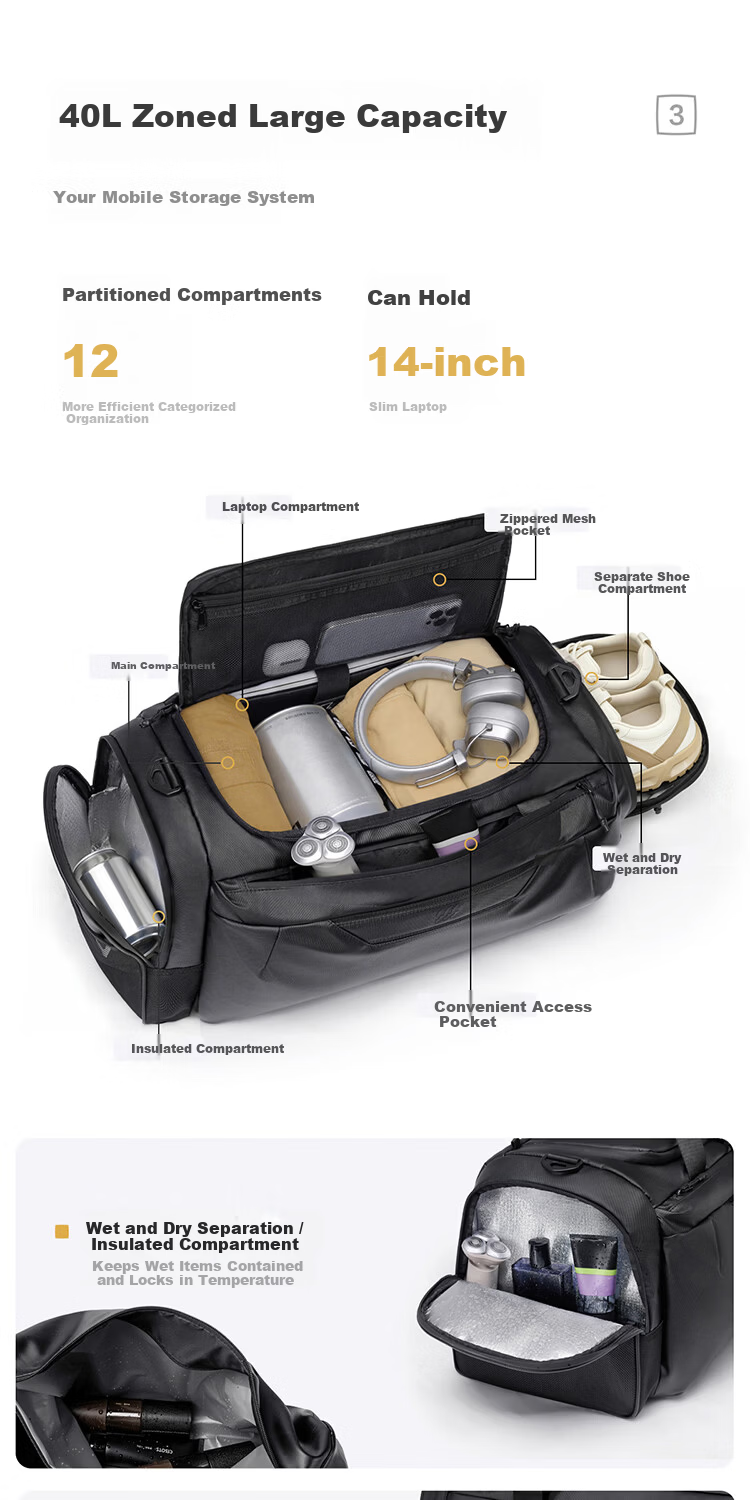 HLA Men's Large Capacity Multifunctional Travel Bag Handheld Backpack Shoulder Crossbody Bag for Business Trip Travel Sports Fitness 4